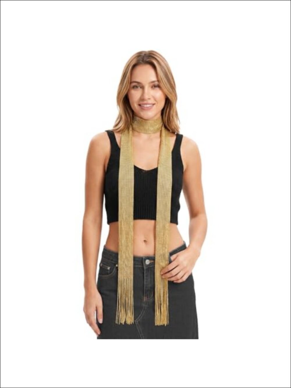 Long Skinny Sequins Scarf with Tassels, Lightweight Polyester Fashion Scarves